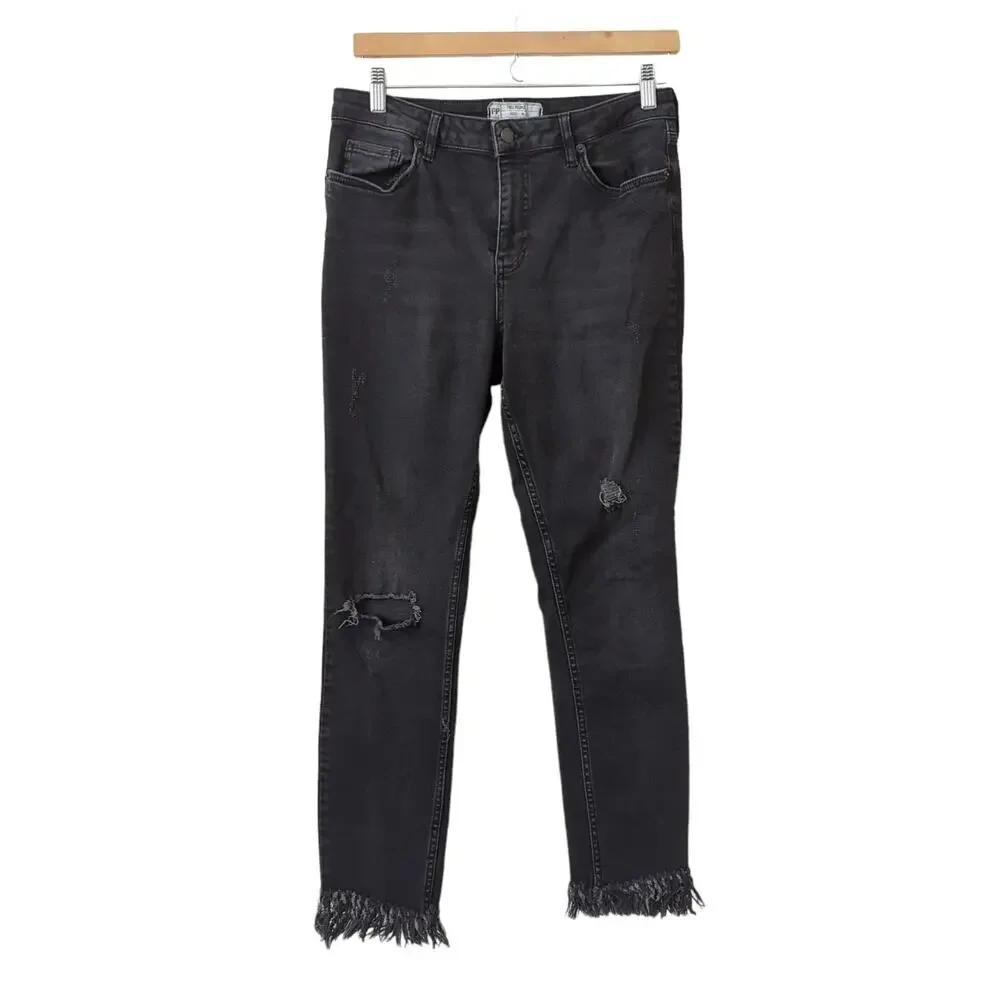 Free People Women's Great Heights Fringe Skinny Black Distressed Jeans 29 Frayed